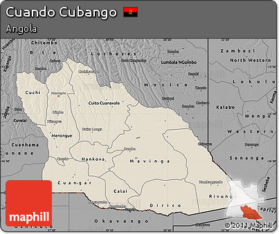 Shaded Relief Map of Cuando Cubango, darken, desaturated