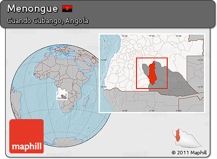Gray Location Map of Menongue, highlighted country, highlighted parent region, hill shading