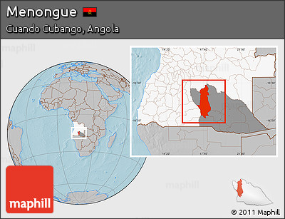 Gray Location Map of Menongue, highlighted country, highlighted parent region, hill shading