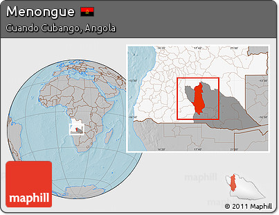 Gray Location Map of Menongue, highlighted country, highlighted parent region, hill shading
