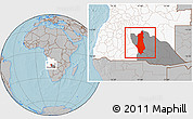 Gray Location Map of Menongue, highlighted country, highlighted parent region, hill shading