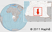 Gray Location Map of Menongue, highlighted country, hill shading
