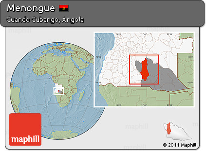 Savanna Style Location Map of Menongue, highlighted country, highlighted parent region, hill shading