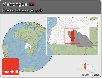 Savanna Style Location Map of Menongue, highlighted country, highlighted parent region, hill shading