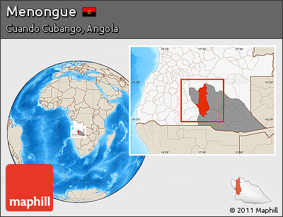 Shaded Relief Location Map of Menongue, highlighted country, highlighted parent region
