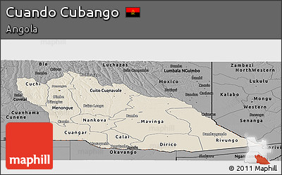 Shaded Relief Panoramic Map of Cuando Cubango, darken, desaturated