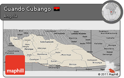 Shaded Relief Panoramic Map of Cuando Cubango, darken, desaturated