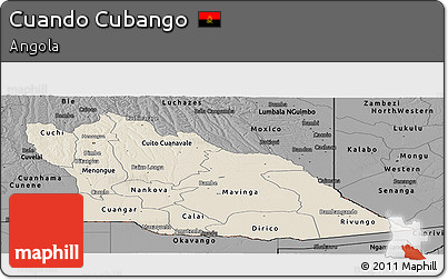 Shaded Relief Panoramic Map of Cuando Cubango, darken, desaturated