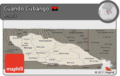 Shaded Relief Panoramic Map of Cuando Cubango, darken