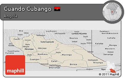 Shaded Relief Panoramic Map of Cuando Cubango, desaturated
