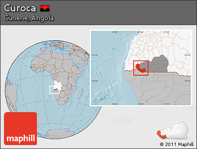 Gray Location Map of Curoca, highlighted country, highlighted parent region, hill shading