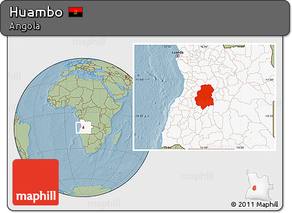 Savanna Style Location Map of Huambo, highlighted country, hill shading
