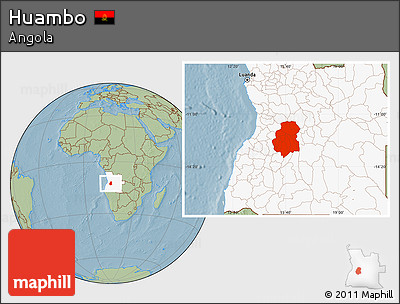 Savanna Style Location Map of Huambo, highlighted country, hill shading