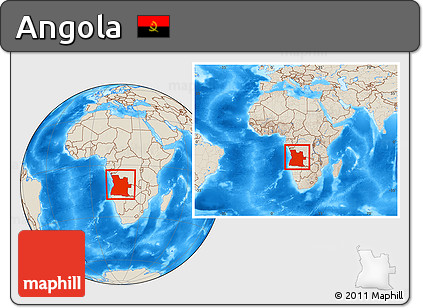Shaded Relief Location Map of Angola, within the entire continent