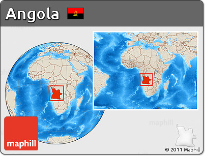 Shaded Relief Location Map of Angola, within the entire continent