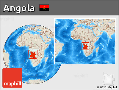 Shaded Relief Location Map of Angola, within the entire continent