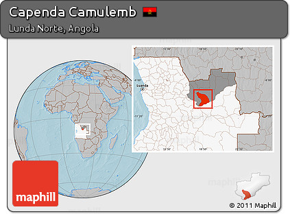 Gray Location Map of Capenda Camulemb, highlighted country, highlighted parent region, hill shading