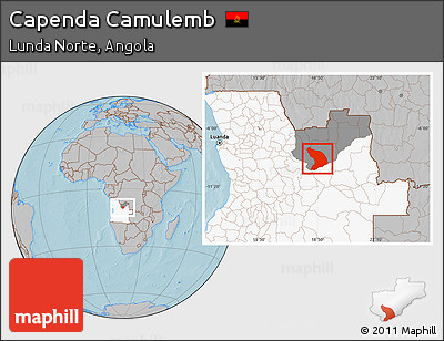 Gray Location Map of Capenda Camulemb, highlighted country, highlighted parent region, hill shading
