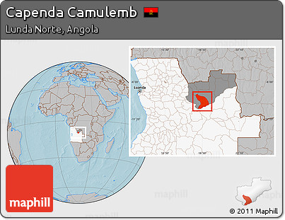 Gray Location Map of Capenda Camulemb, highlighted country, highlighted parent region, hill shading