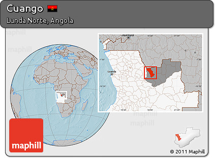 Gray Location Map of Cuango, highlighted country, highlighted parent region, hill shading