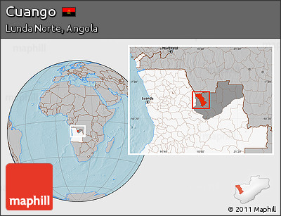 Gray Location Map of Cuango, highlighted country, highlighted parent region, hill shading