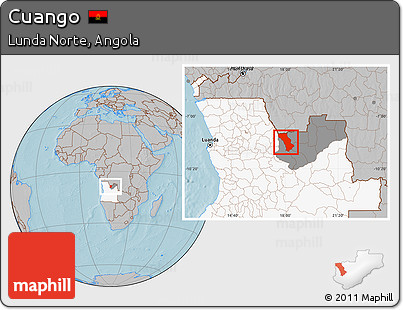 Gray Location Map of Cuango, highlighted country, highlighted parent region, hill shading