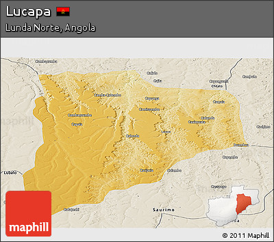 Physical Panoramic Map of Lucapa, shaded relief outside