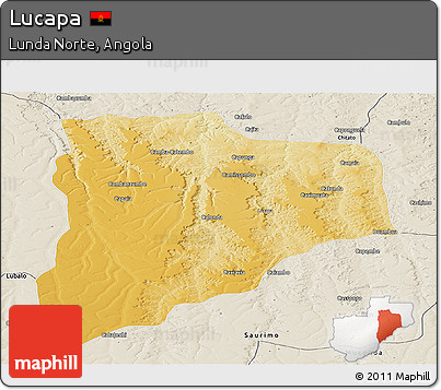 Physical Panoramic Map of Lucapa, shaded relief outside