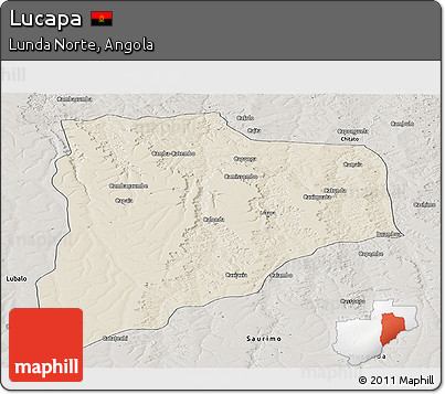 Shaded Relief Panoramic Map of Lucapa, semi-desaturated