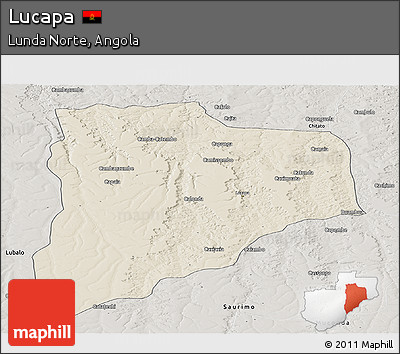 Shaded Relief Panoramic Map of Lucapa, semi-desaturated