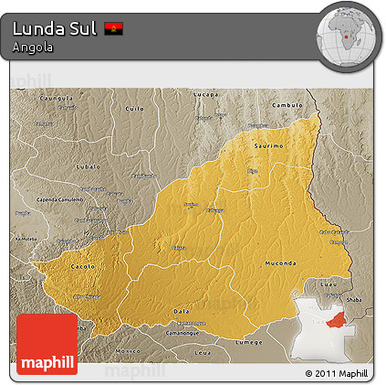 Physical 3D Map of Lunda Sul, semi-desaturated