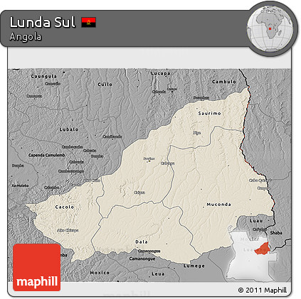 Shaded Relief 3D Map of Lunda Sul, darken, desaturated