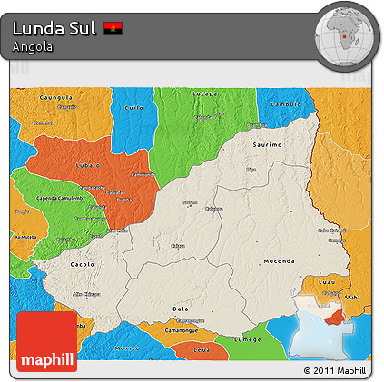 Shaded Relief 3D Map of Lunda Sul, political outside