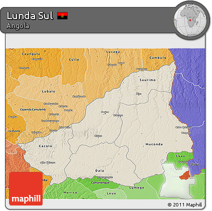 Shaded Relief 3D Map of Lunda Sul, political shades outside