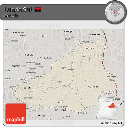 Shaded Relief 3D Map of Lunda Sul, semi-desaturated