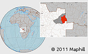 Gray Location Map of Muconda, highlighted country, highlighted parent region, hill shading