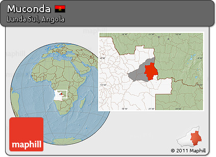 Savanna Style Location Map of Muconda, highlighted country, highlighted parent region, hill shading