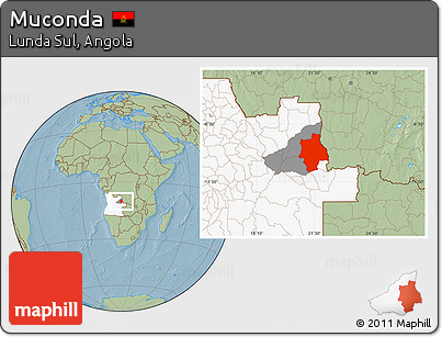 Savanna Style Location Map of Muconda, highlighted country, highlighted parent region, hill shading
