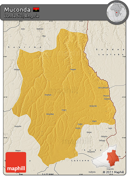 Physical Map of Muconda, shaded relief outside