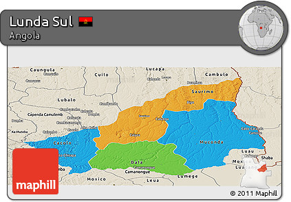 Political Panoramic Map of Lunda Sul, shaded relief outside