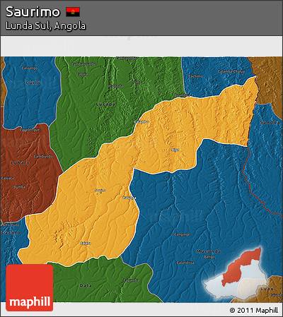 Political 3D Map of Saurimo, darken