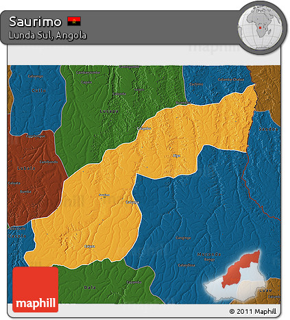 Political 3D Map of Saurimo, darken
