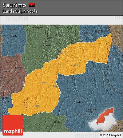 Political 3D Map of Saurimo, darken, semi-desaturated