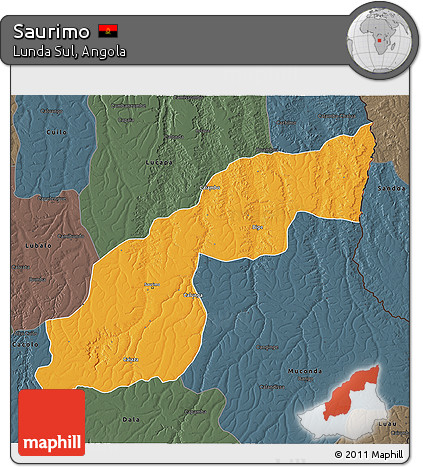 Political 3D Map of Saurimo, darken, semi-desaturated