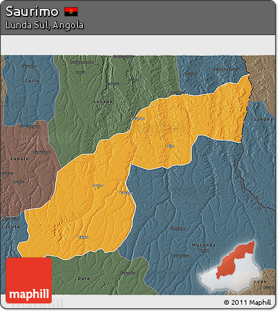 Political 3D Map of Saurimo, darken, semi-desaturated