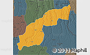 Political 3D Map of Saurimo, darken, semi-desaturated