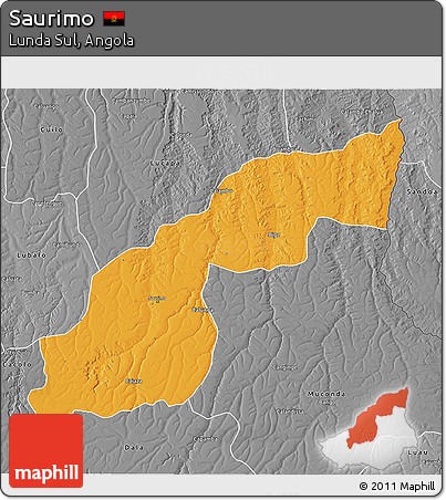 Political 3D Map of Saurimo, desaturated
