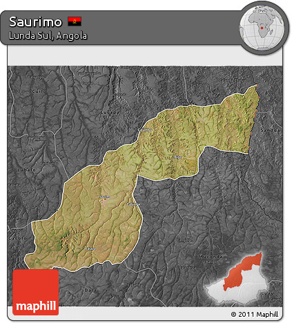 Satellite 3D Map of Saurimo, darken, desaturated