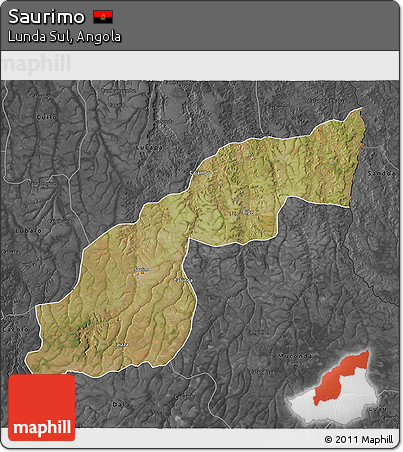 Satellite 3D Map of Saurimo, darken, desaturated
