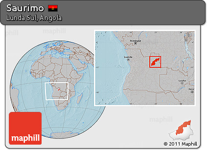 Gray Location Map of Saurimo, within the entire country, hill shading
